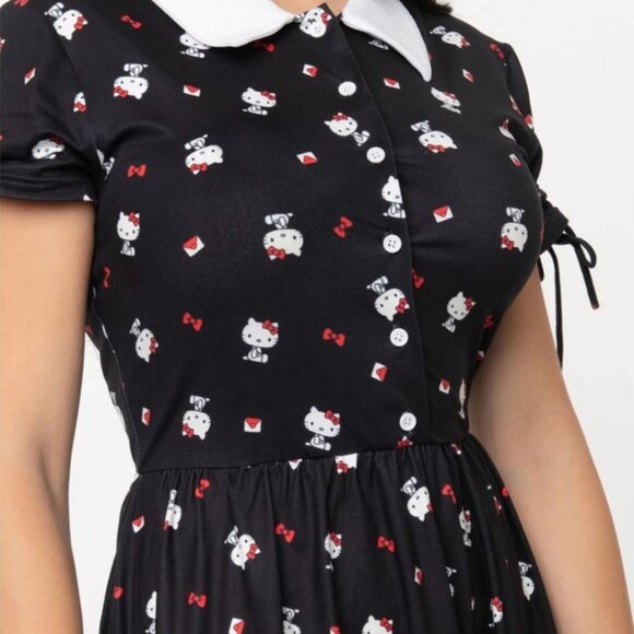 Unique Vintage x Hello Kitty Midi Fit & Flare Dress Collared Button Up Pockets - Picture 5 of 13